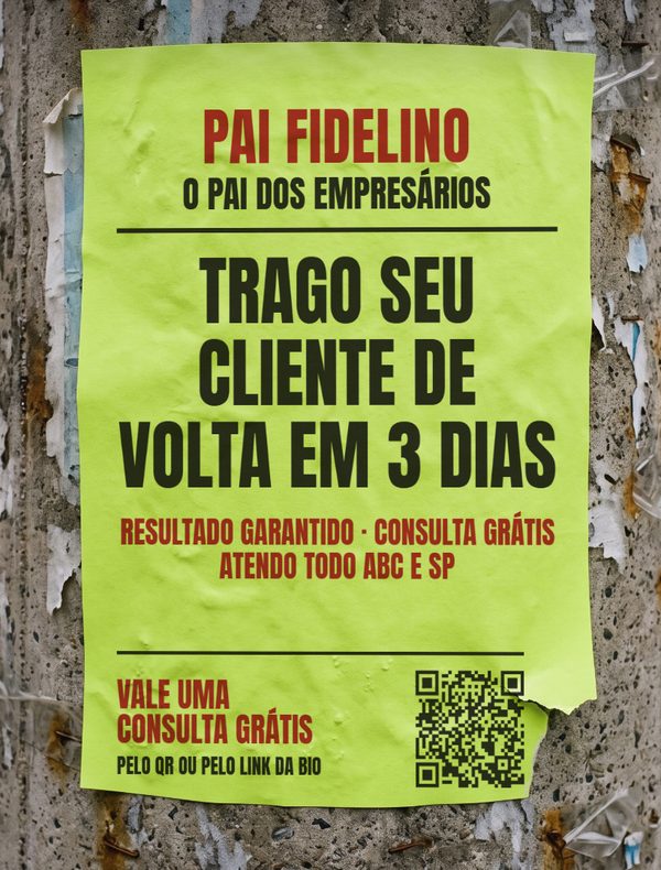 Cartaz do Pai Fidelino colado num poste: trago seu cliente de volta em 3 dias.